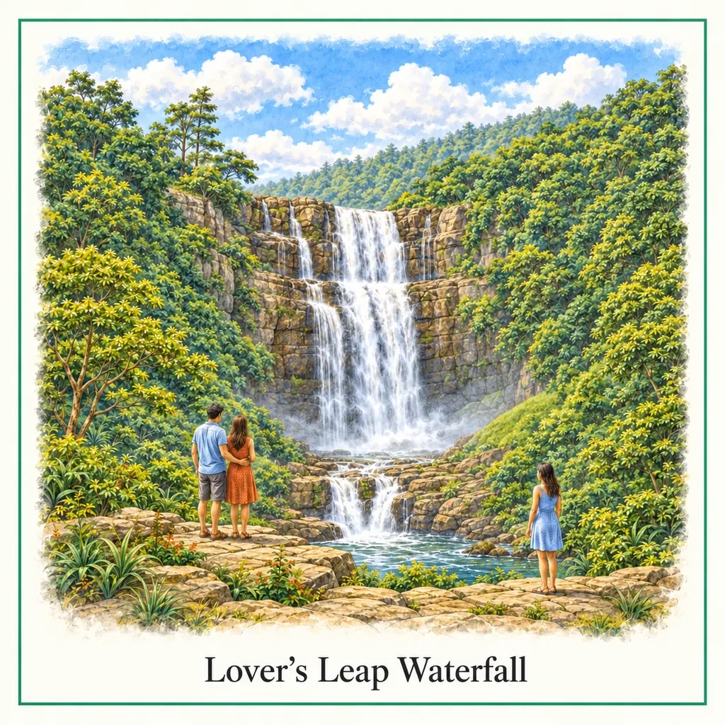 Watercolour postcard of Lover’s Leap Waterfall Nuwara Eliya Sri Lanka waterfall scenic viewpoint