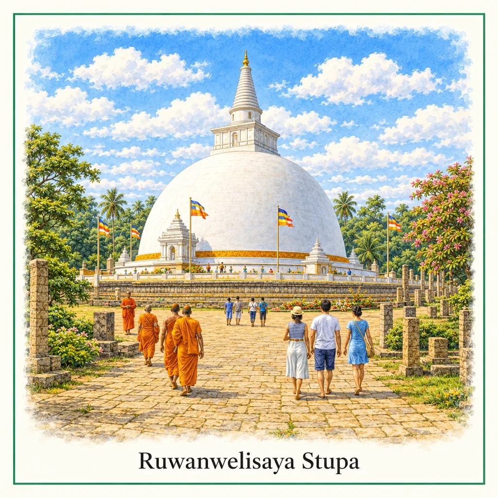 Watercolor postcard: Ruwanwelisaya Stupa Anuradhapura Sri Lanka iconic white dagoba sacred Buddhist landmark