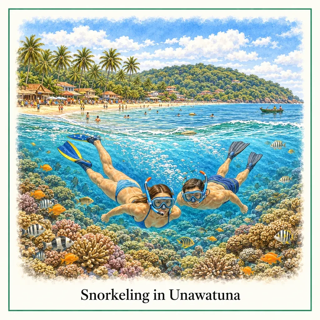 Watercolour postcard of Unawatuna snorkeling Sri Lanka coral reef fish sea turtle clear water