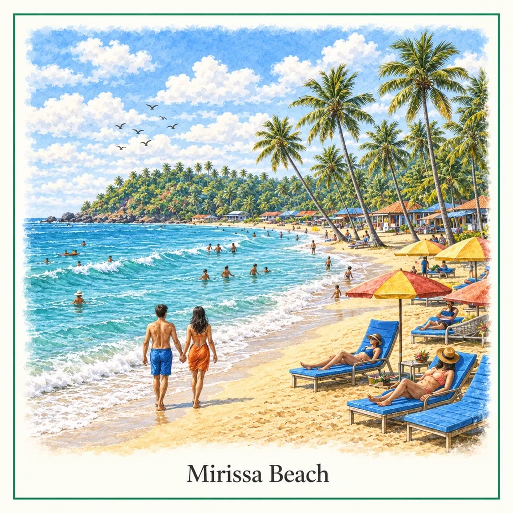 Watercolour postcard of Mirissa beach Sri Lanka tropical beach palm trees swimming sunset south coast