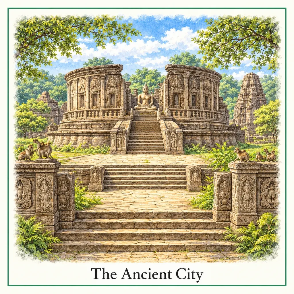 Watercolour postcard of Ancient city Polonnaruwa Sri Lanka ruins UNESCO world heritage historic temple