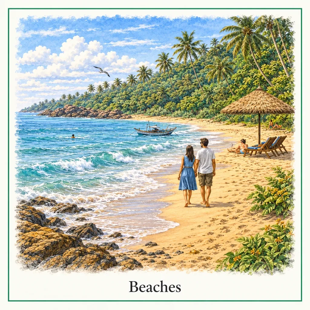 Watercolour postcard of Tangalle beaches Sri Lanka palm trees sunset quiet beach south coast