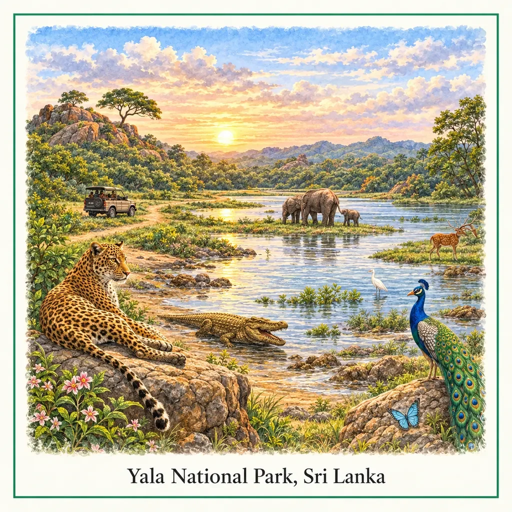 Watercolor postcard of a leopard and safari in Yala National Park, Sri Lanka