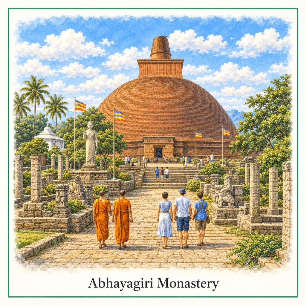 Watercolor postcard: Abhayagiri Monastery Anuradhapura Sri Lanka ancient Buddhist monastery historic ruins sacred site