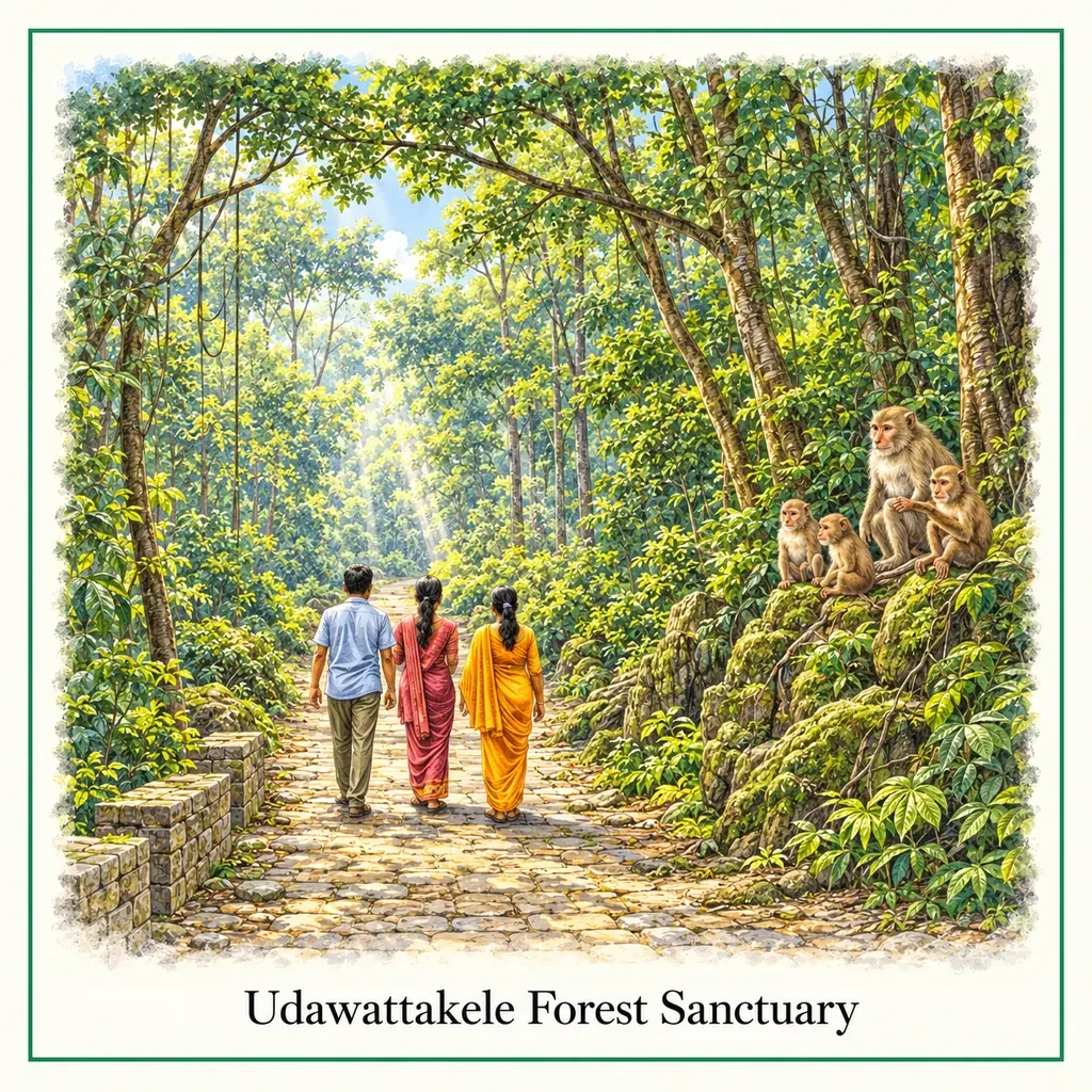 Watercolour postcard of Udawattakele Forest Sanctuary Kandy Sri Lanka jungle walk wildlife nature reserve