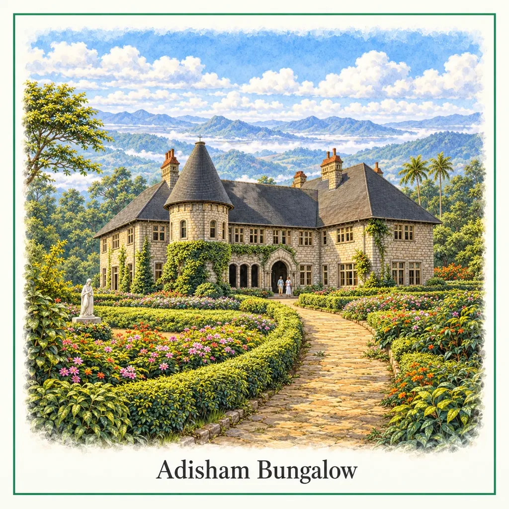 Watercolour postcard of Adisham Bungalow Haputale Sri Lanka colonial mansion gardens hill country historic estate