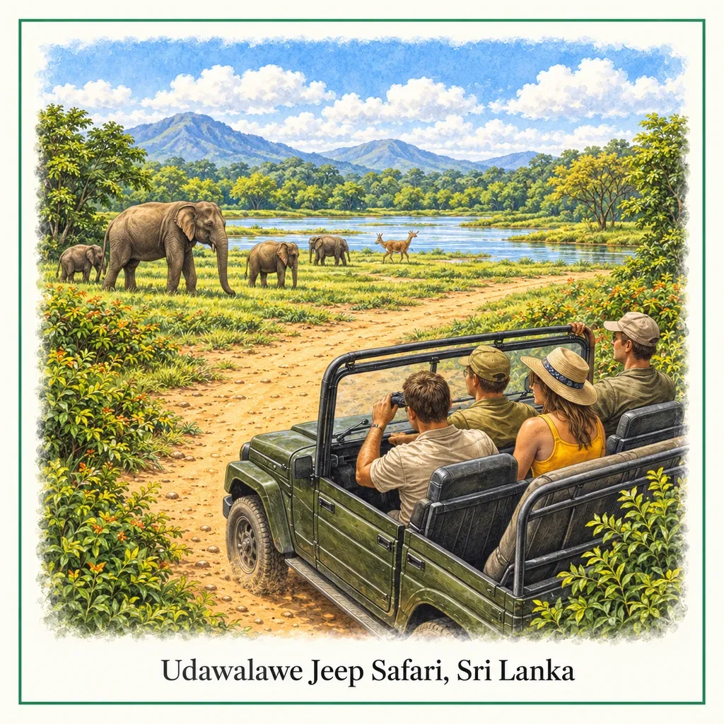 Watercolour postcard of Udawalawe jeep safari Sri Lanka elephants wildlife safari national park jeep tour