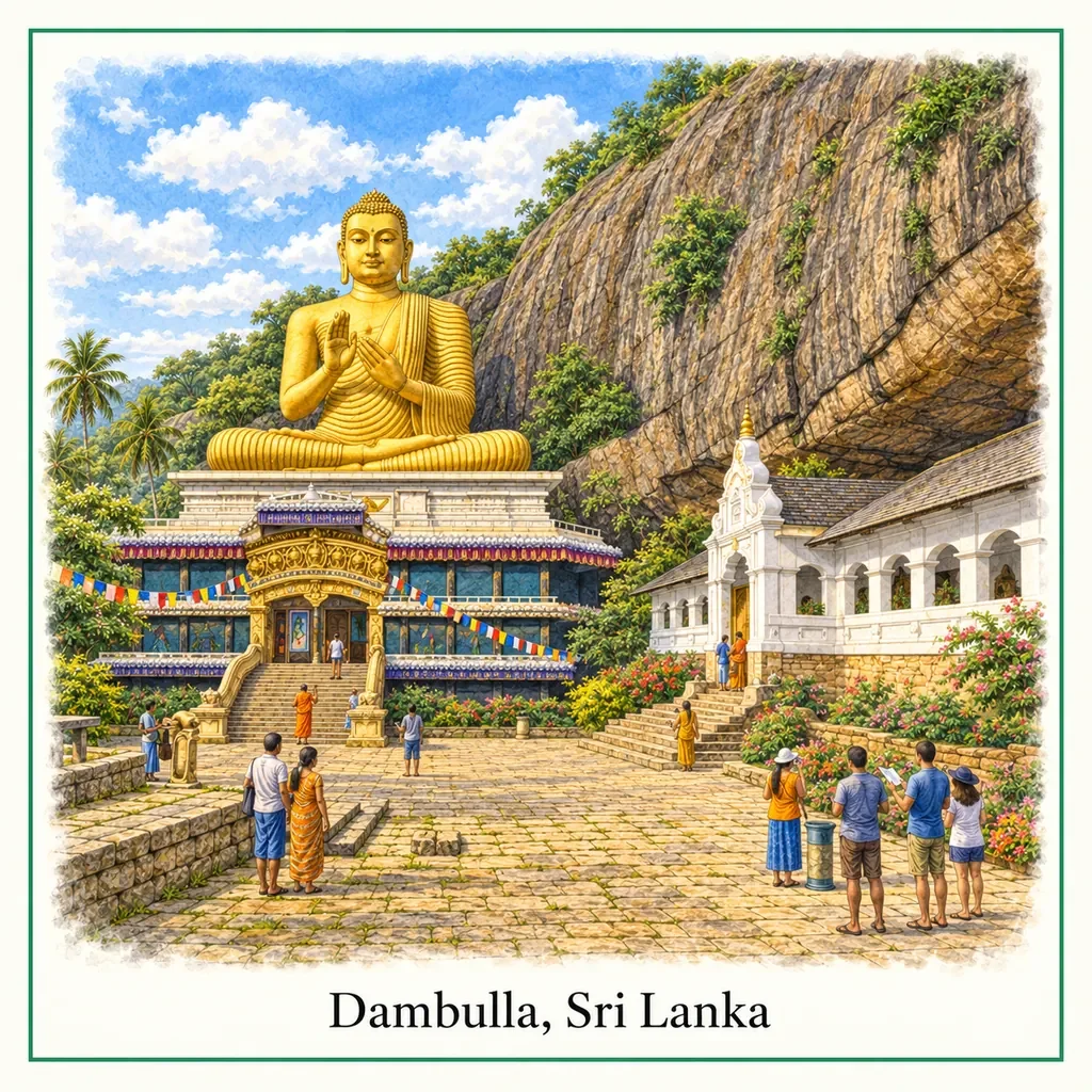 Watercolour postcard of Dambulla cave temple Sri Lanka golden Buddha unesco heritage