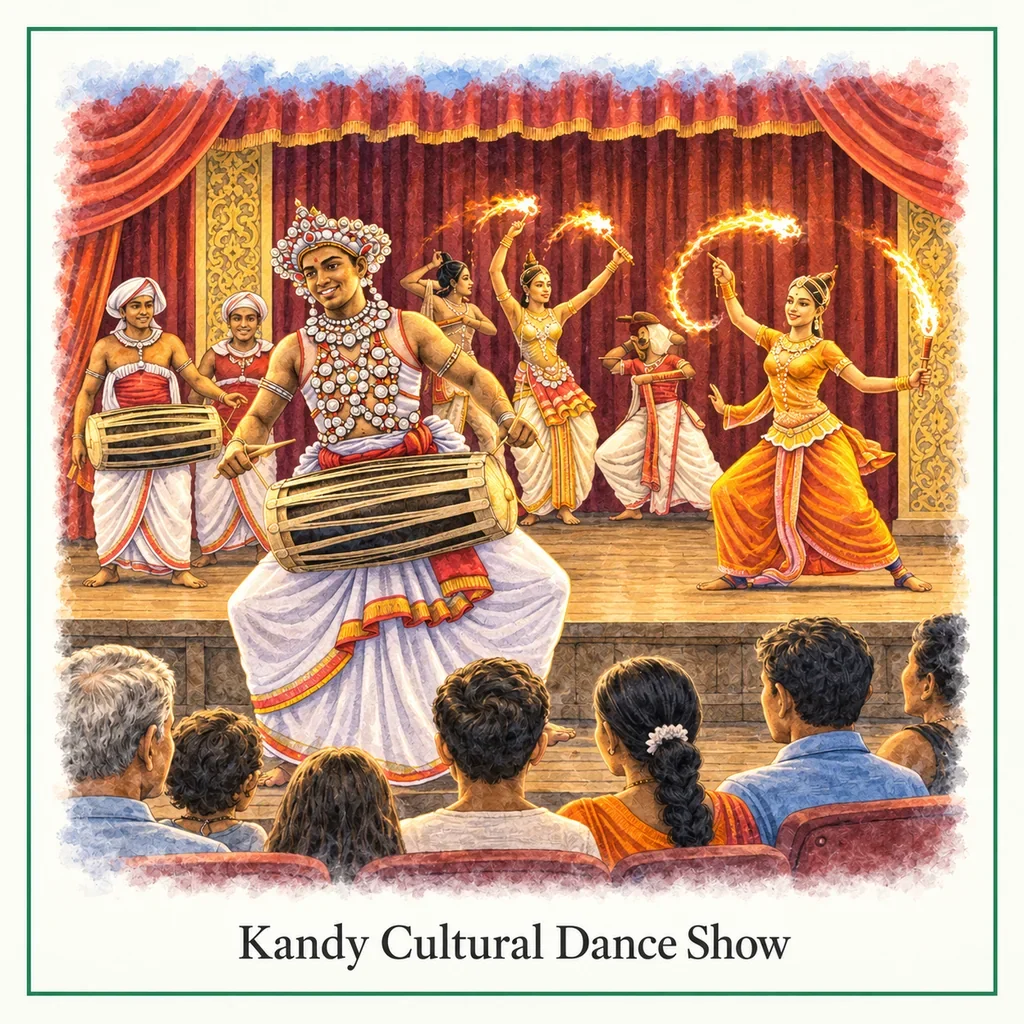 Watercolour postcard of Kandy cultural dance show Sri Lanka traditional Kandyan dance fire dancers cultural experience