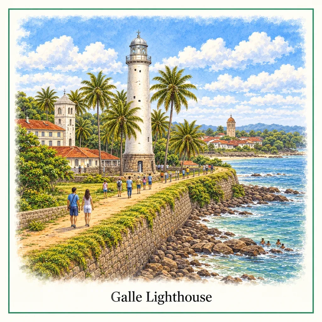 Watercolour postcard of Galle Lighthouse Sri Lanka iconic landmark fort coastline ocean view things to do Galle