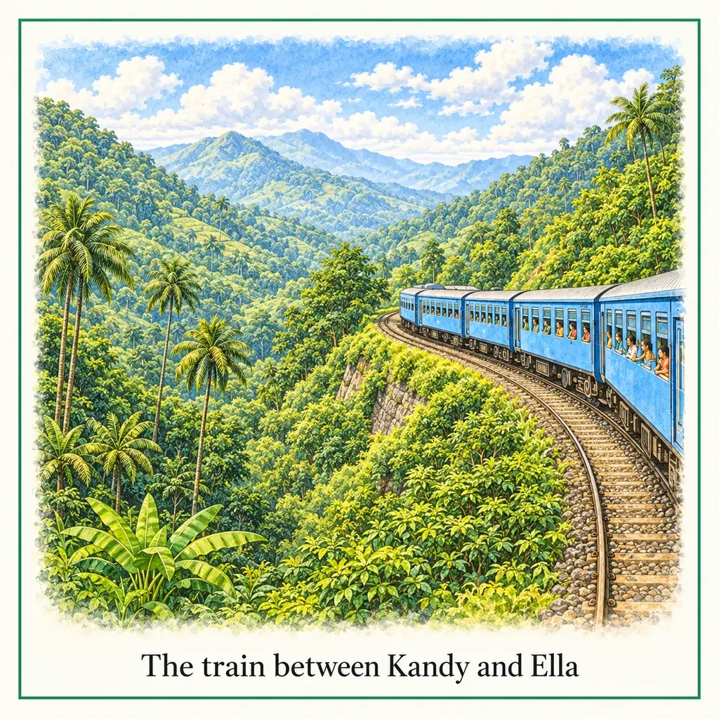 Watercolour postcard of Train from Kandy to Ella Sri Lanka scenic train journey tea plantations iconic travel experience