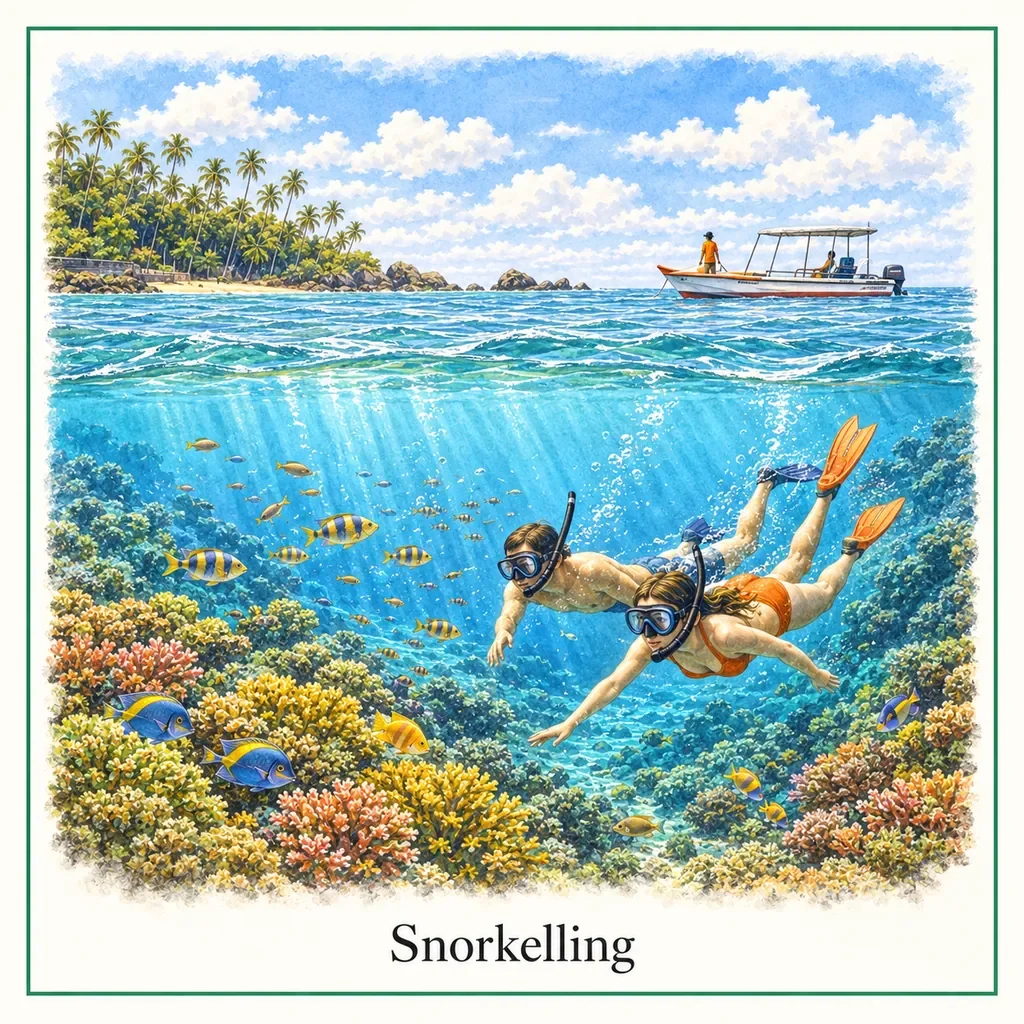 Watercolour postcard of Snorkeling Mirissa Sri Lanka coral reef tropical fish underwater activity