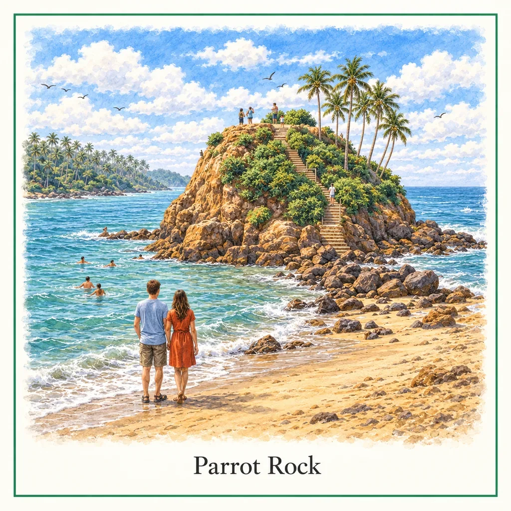 Watercolour postcard of Parrot Rock Mirissa Sri Lanka viewpoint rock island panoramic beach view