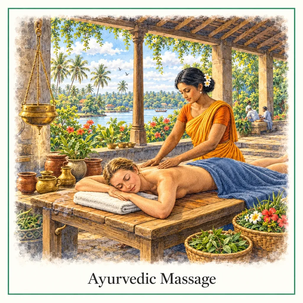 Watercolour postcard of Ayurvedic massage Negombo Sri Lanka spa wellness traditional treatment relaxation
