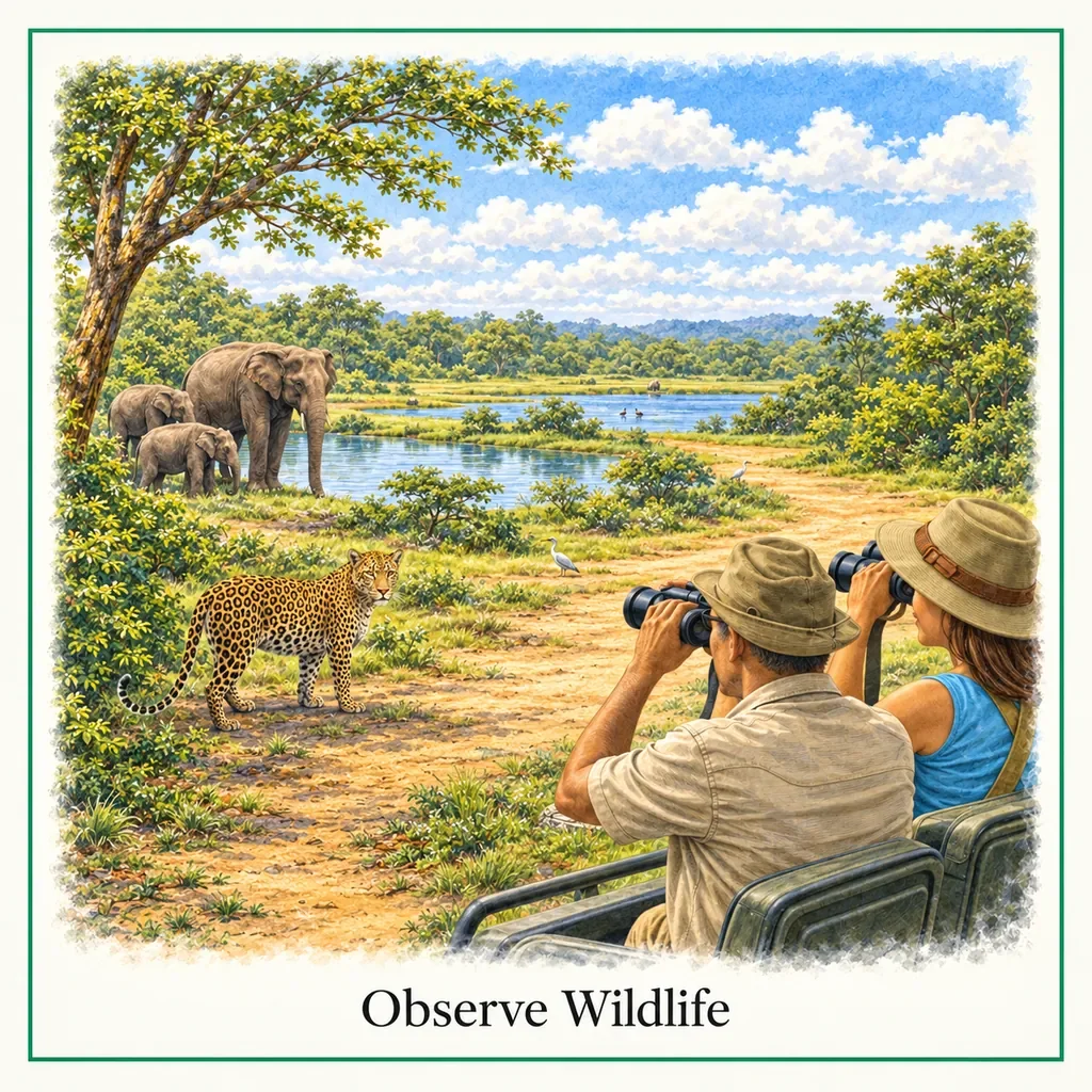 Watercolour postcard of Wilpattu National Park birdwatching Sri Lanka wetlands birds sunrise nature