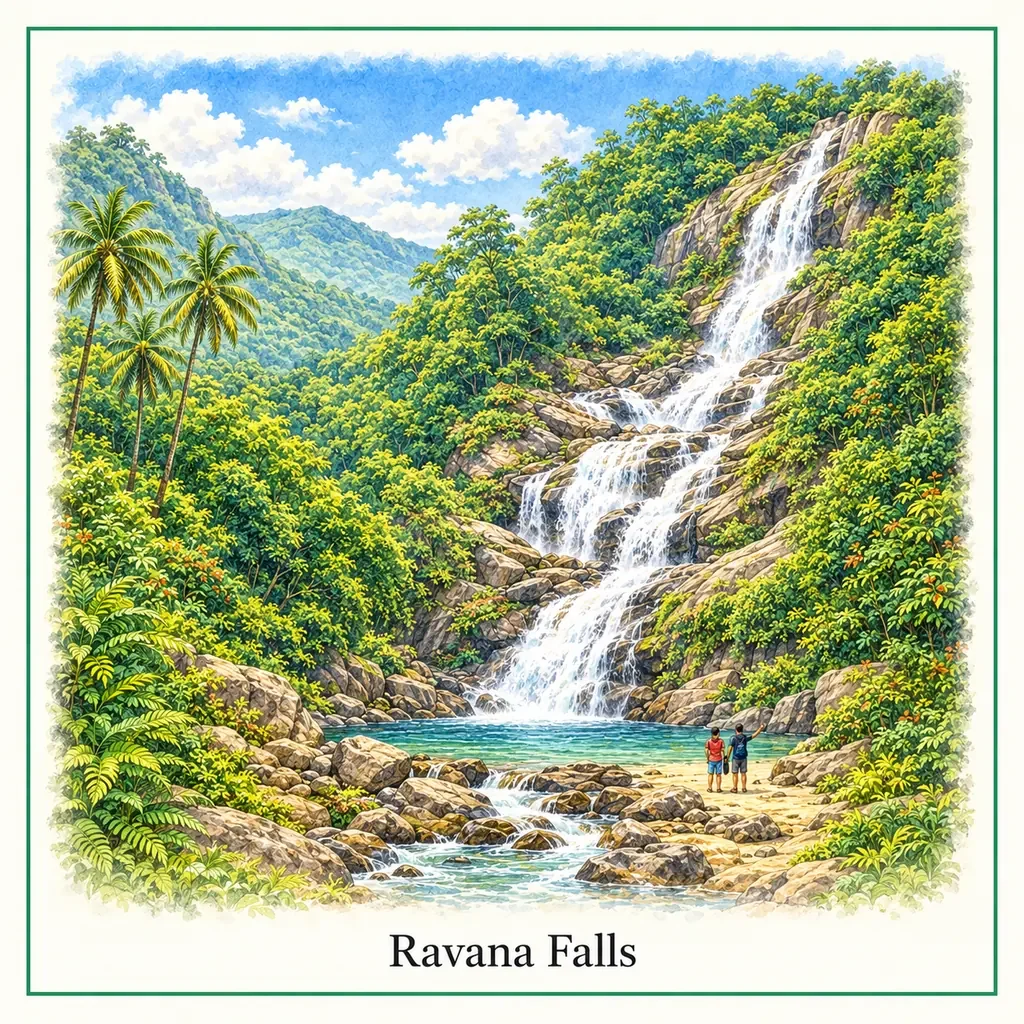 Watercolour postcard of Ravana Cave Ella Sri Lanka historic cave legend site hiking attraction things to do
