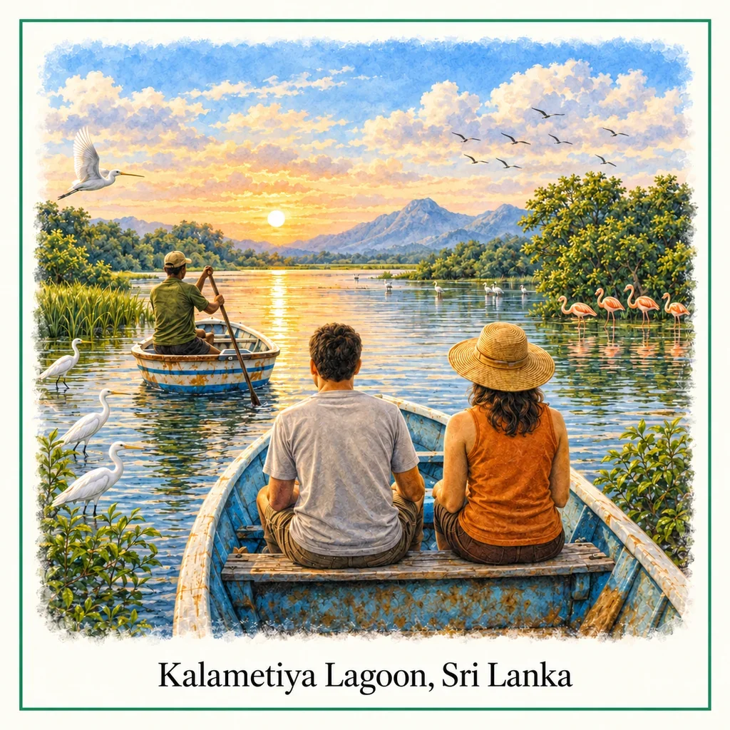Watercolour postcard of Kalmetiya Lagoon Sri Lanka bird sanctuary lagoon safari wildlife birds