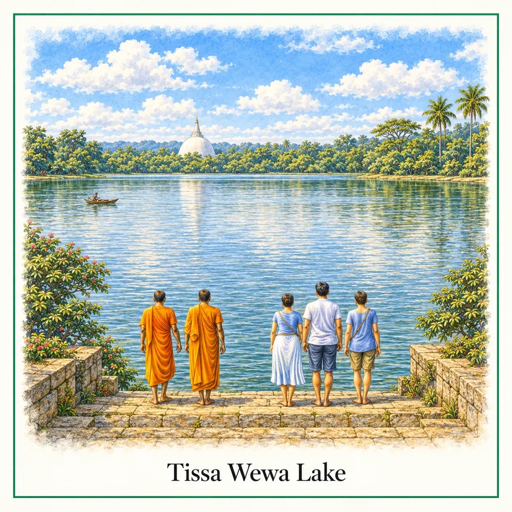 Watercolor postcard: Tissa Wewa Lake Anuradhapura Sri Lanka ancient reservoir scenic sunset lake travel destination