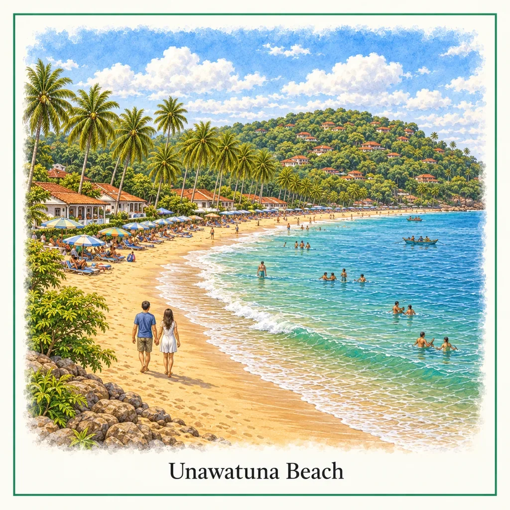 Watercolour postcard of Unawatuna Beach Sri Lanka palm trees sandy beach sunset south coast