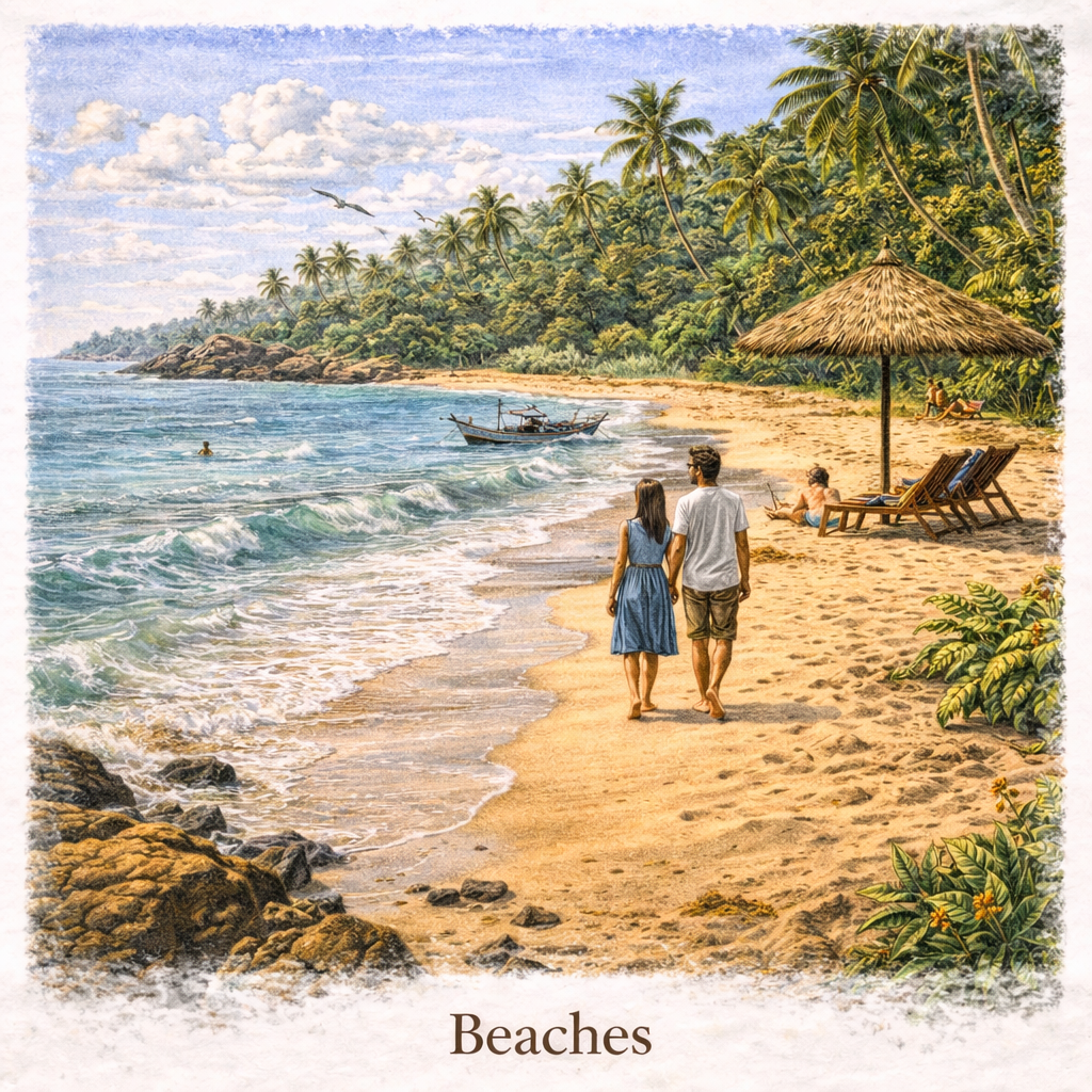 Tangalle beaches Sri Lanka palm trees sunset quiet beach south coast