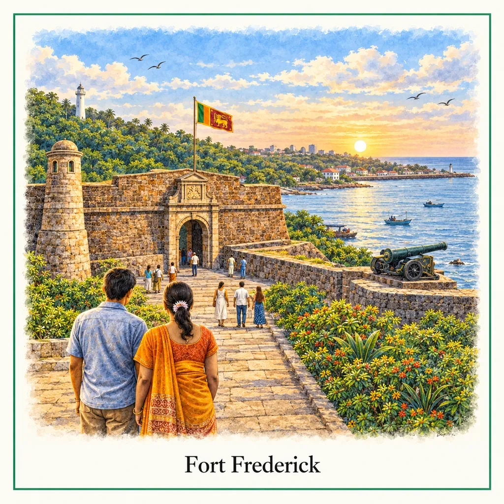 Watercolour postcard of Fort Frederick Trincomalee Sri Lanka historic fort coastal view entrance