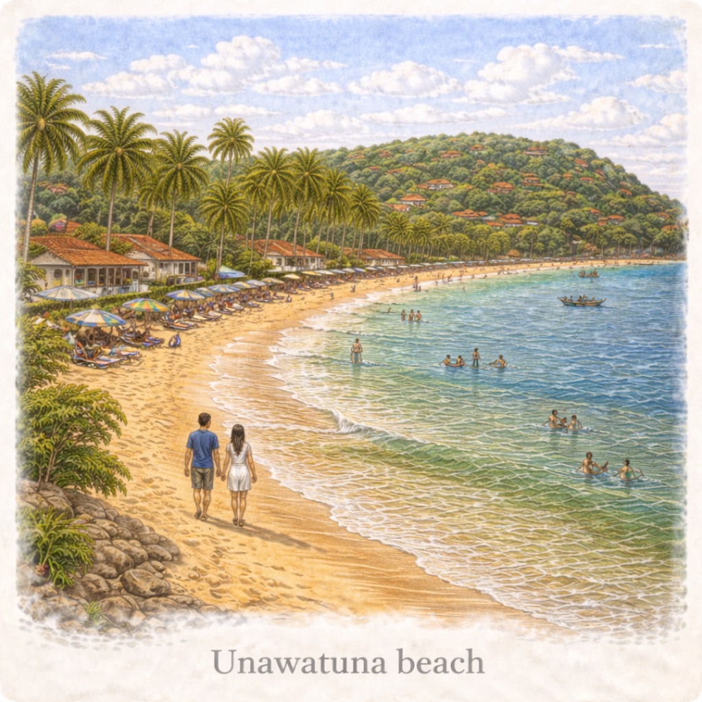 Unawatuna Beach Sri Lanka palm trees sandy beach sunset south coast