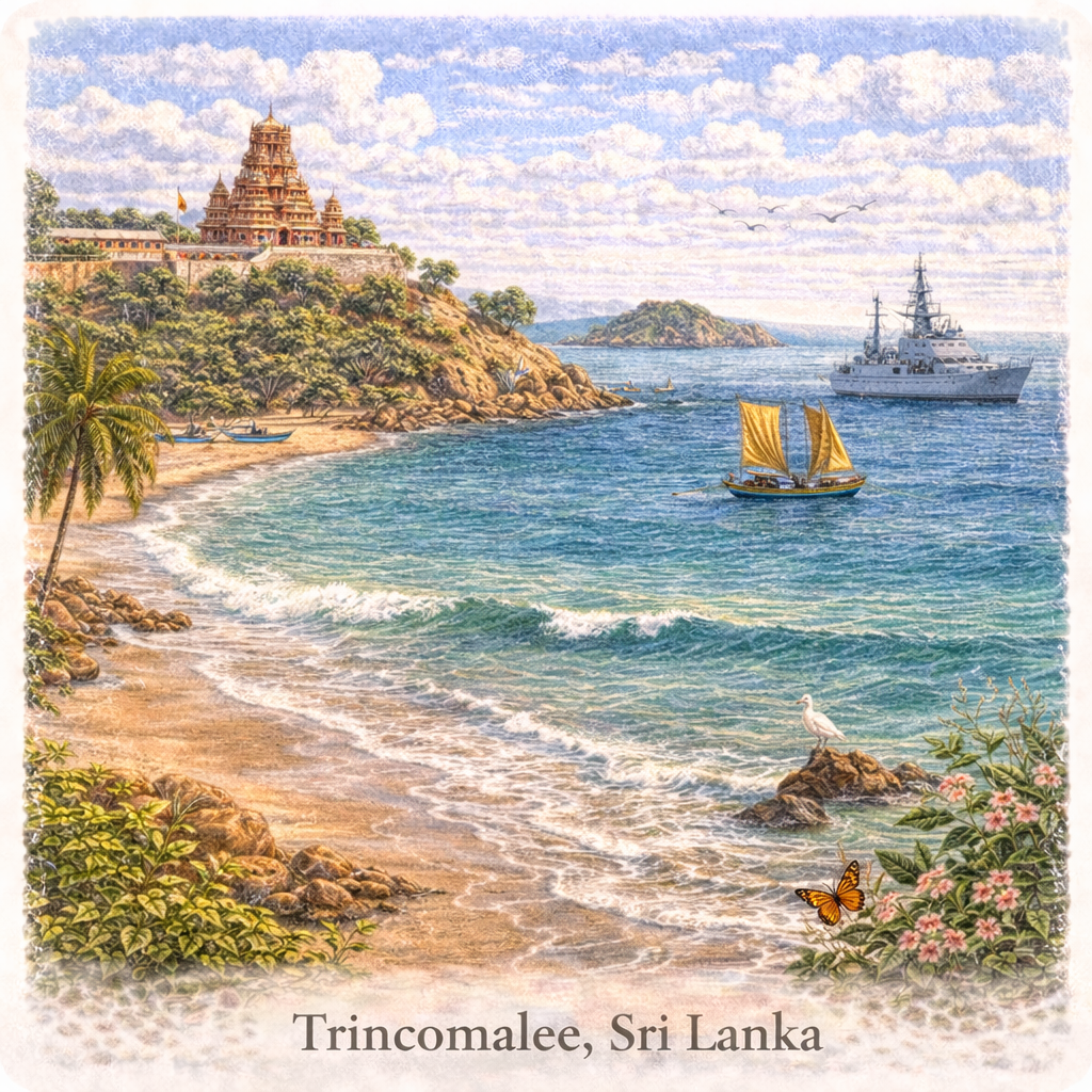 Trincomalee Sri Lanka beach temple harbour east coast blue ocean