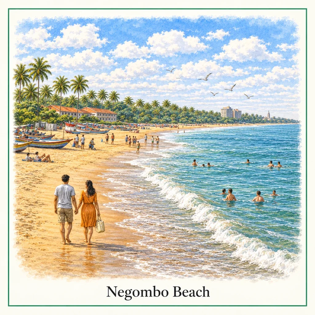 Watercolour postcard of Negombo beach Sri Lanka sunset fishing boats palm trees west coast