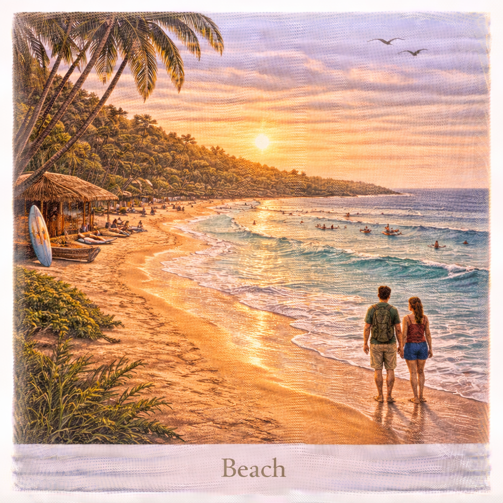 Arugam Bay beach Sri Lanka tropical coastline palm trees surfing destination sunset