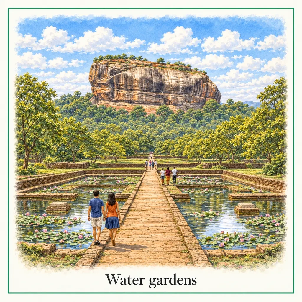 Watercolour postcard of Sigiriya water gardens Sri Lanka ancient gardens UNESCO site landscape