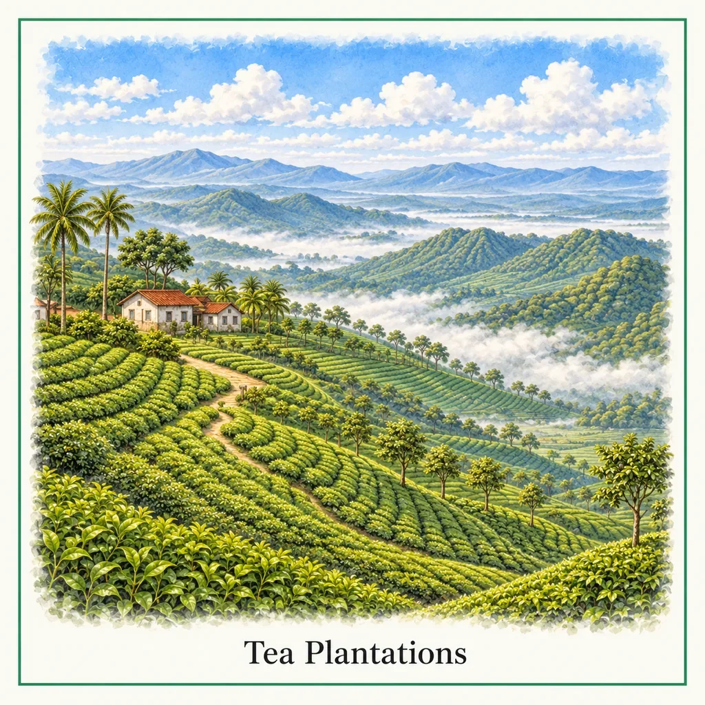 Watercolour postcard of Haputale tea plantations Sri Lanka rolling hills Ceylon tea landscape scenic views