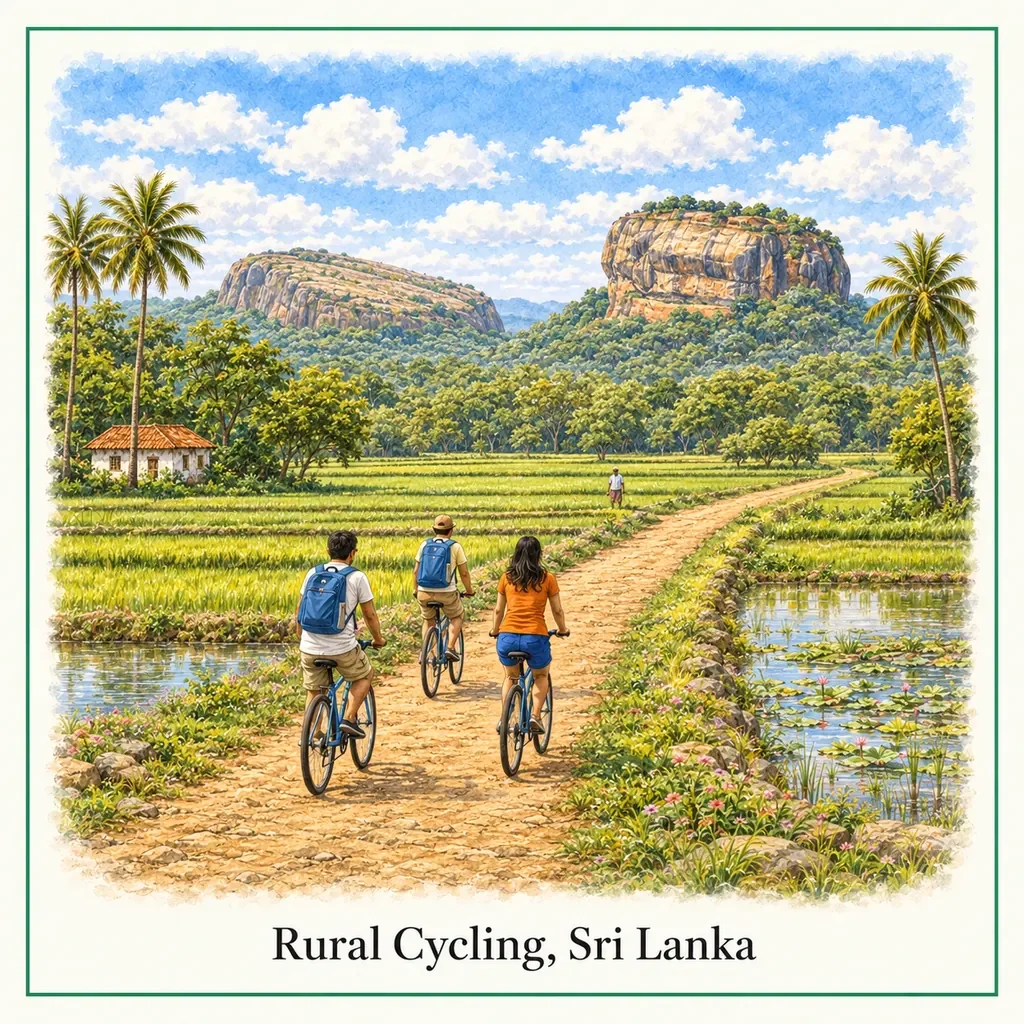 Watercolour postcard of cycling Sigiriya Sri Lanka rural village bike tour rice fields local life