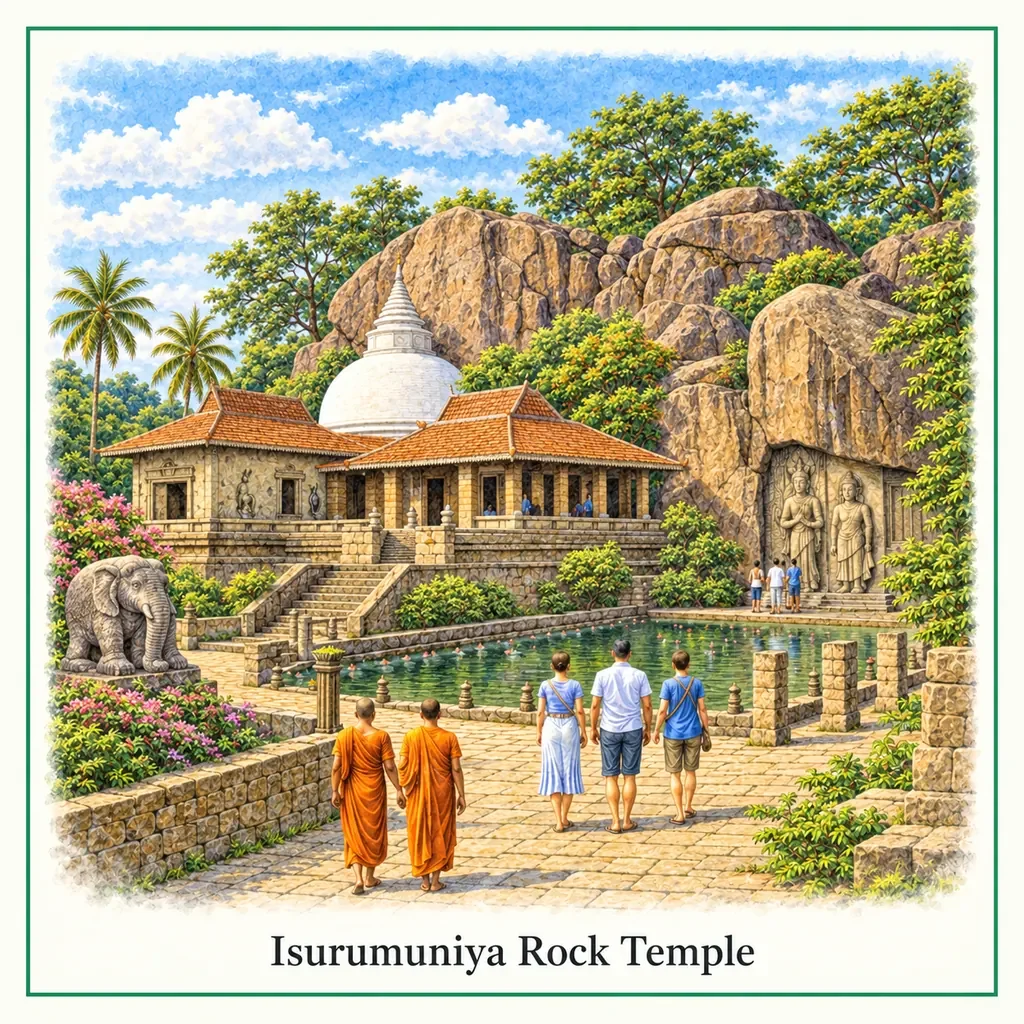 Watercolor postcard: Isurumuniya Rock Temple Anuradhapura Sri Lanka ancient Buddhist site rock carvings lotus pond