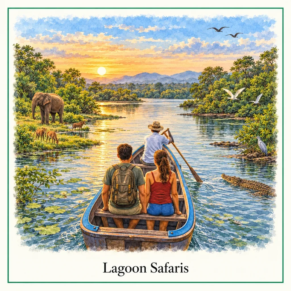 Watercolor postcard: Arugam Bay lagoon safari Sri Lanka boat tour wildlife crocodiles birds nature