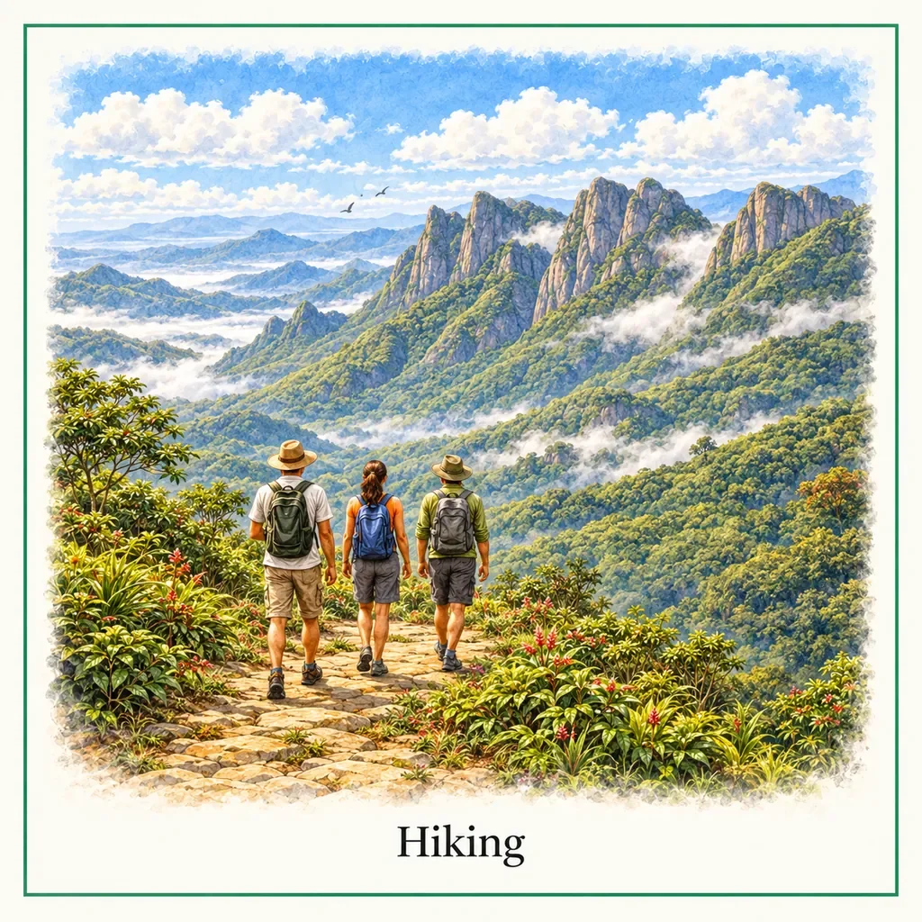 Watercolour postcard of Knuckles Mountain Range hiking Sri Lanka jungle trail mountains scenic trekking nature