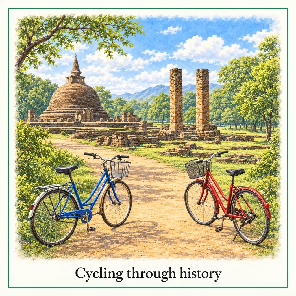 Watercolour postcard of cycling Polonnaruwa Sri Lanka bike tour ancient ruins cultural triangle