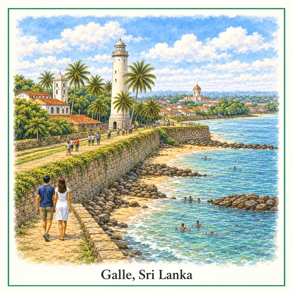Watercolor postcard of Galle Fort and its lighthouse beside the ocean, Sri Lanka