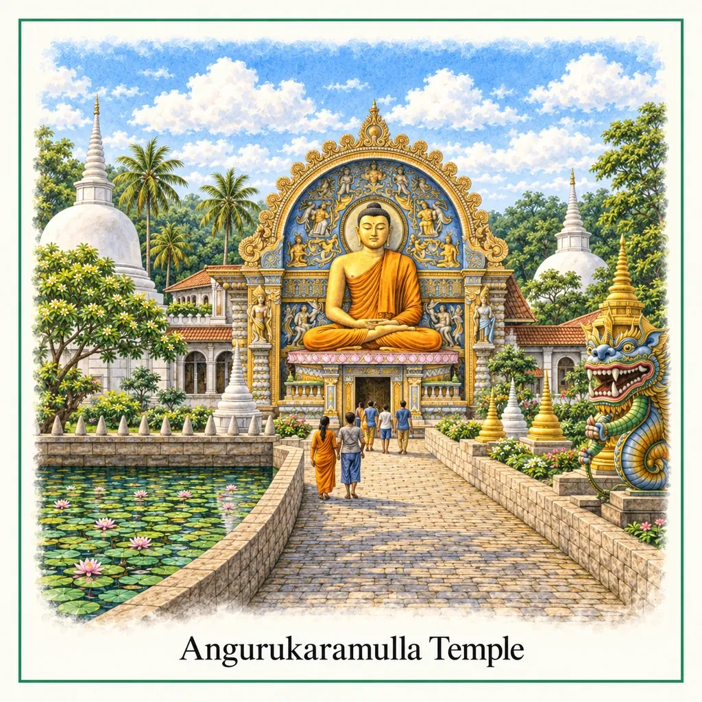 Watercolour postcard of Sri Lanka Negombo Angurukaramulla Temple
