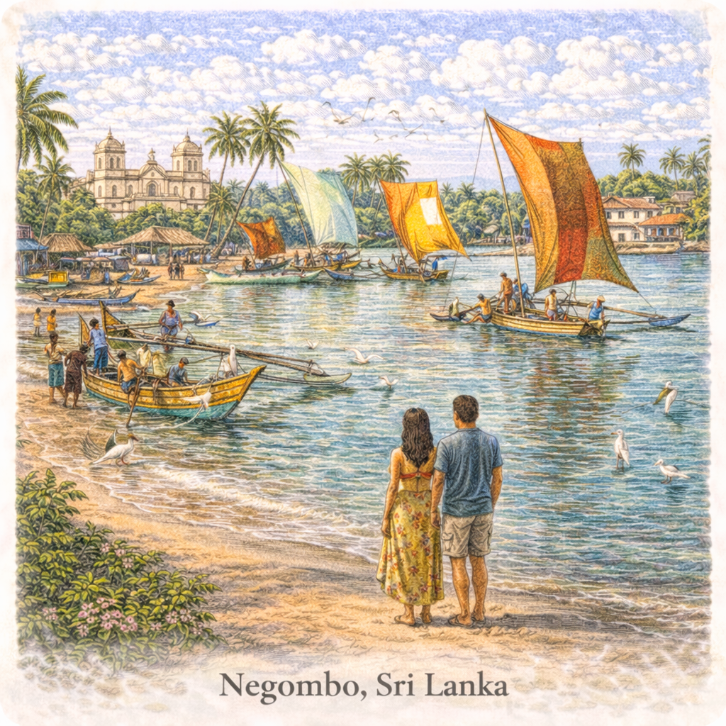 Negombo beach Sri Lanka sunset fishing boats palm trees west coast