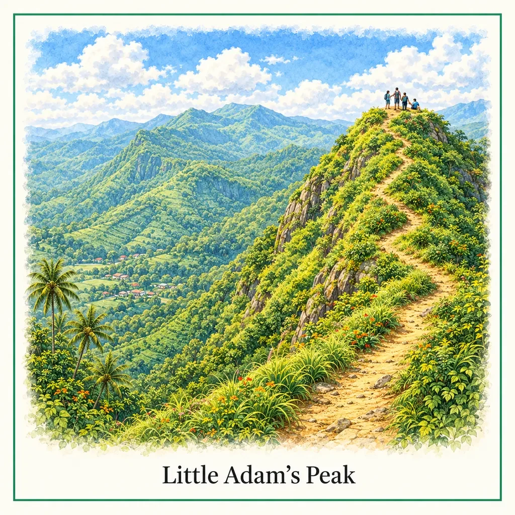 Watercolour postcard of Little Adam’s Peak Ella Sri Lanka easy hike scenic viewpoint mountain views travel highlight