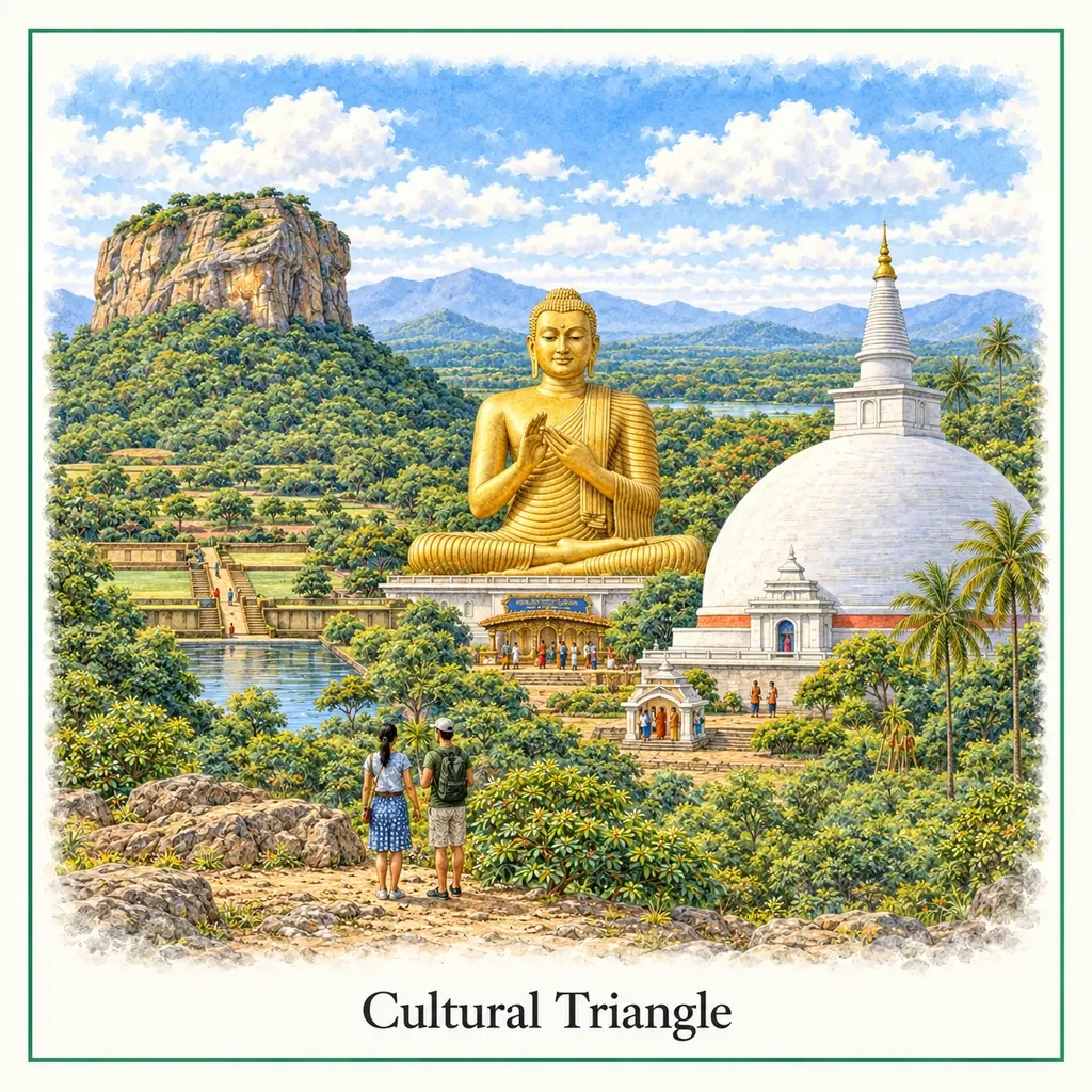 Watercolor postcard: Dambulla Cave Temple Sri Lanka famous Buddhist rock temple UNESCO site things to do Dambulla