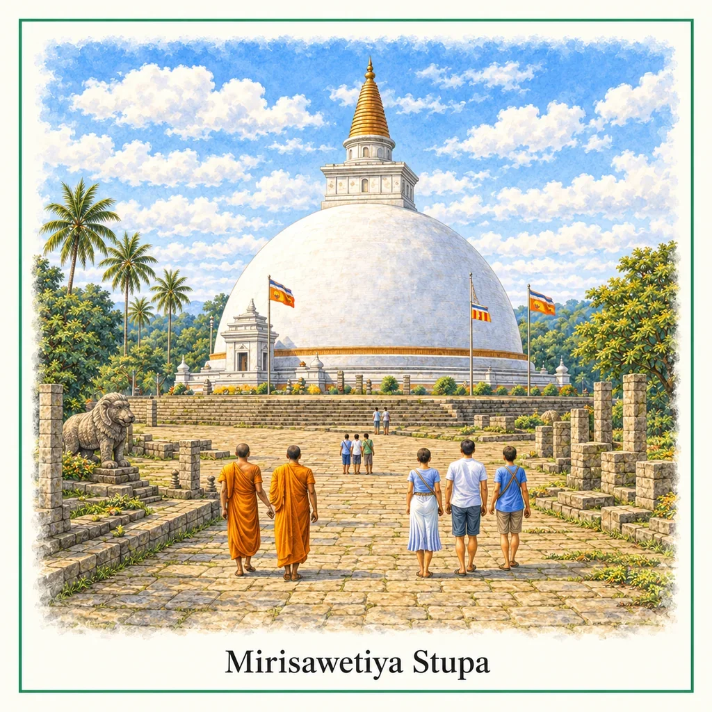 Watercolor postcard: Mirisawetiya Dagoba Anuradhapura Sri Lanka large white stupa ancient Buddhist monument
