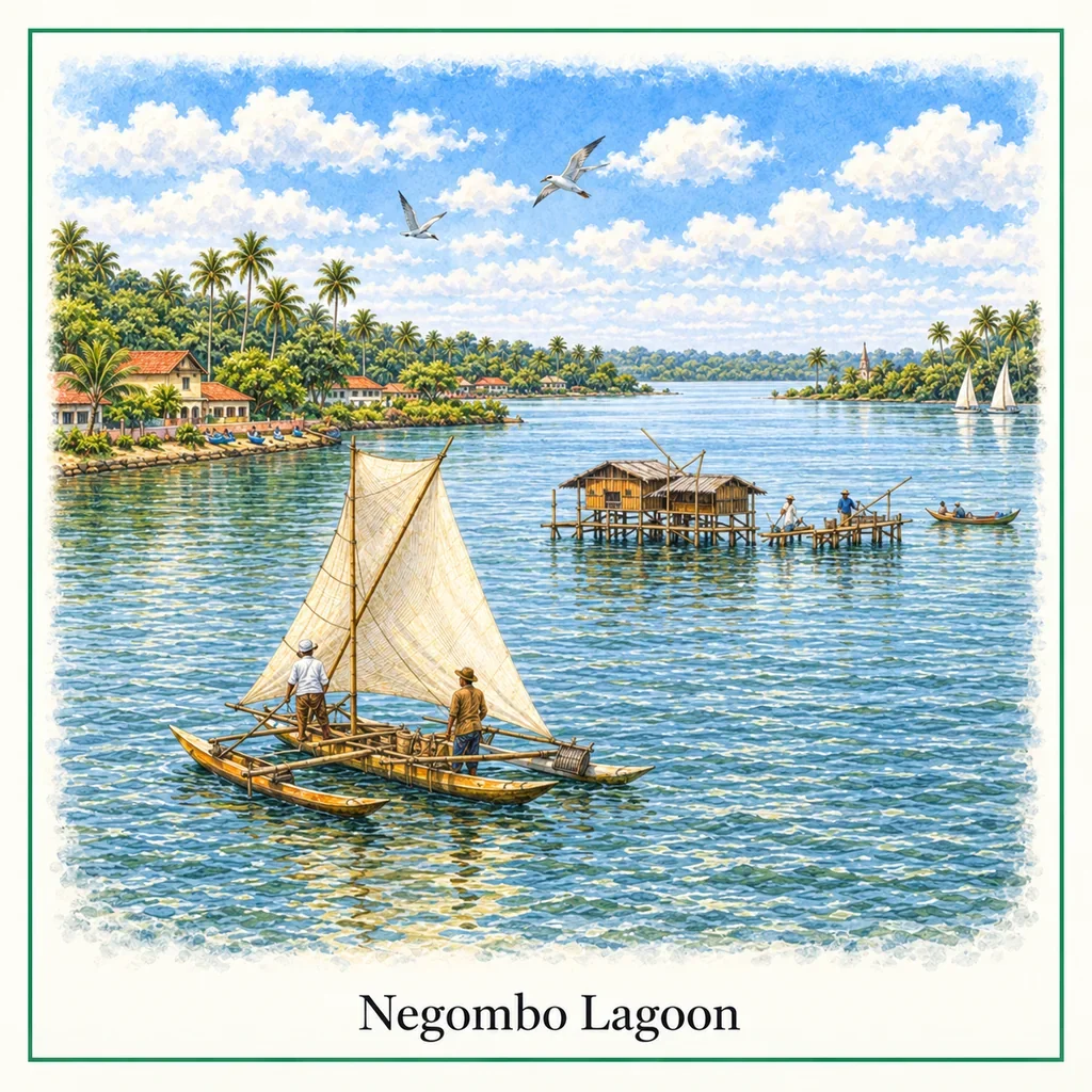 Watercolour postcard of Negombo lagoon Sri Lanka boat tour mangroves sunset calm water