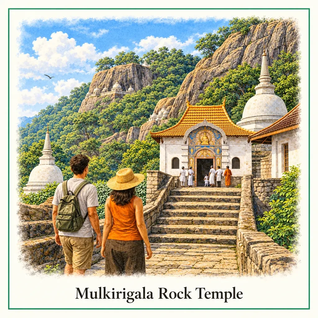 Watercolour postcard of Mulkirigala Rock Temple Sri Lanka temple rock climb Buddhist cave temple