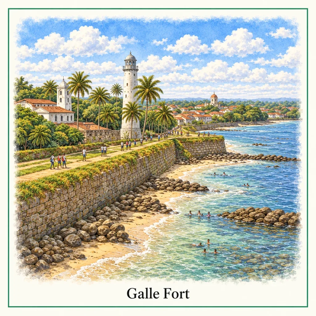Watercolour postcard of Galle Fort Sri Lanka coastal fortress UNESCO World Heritage historic walls ocean view