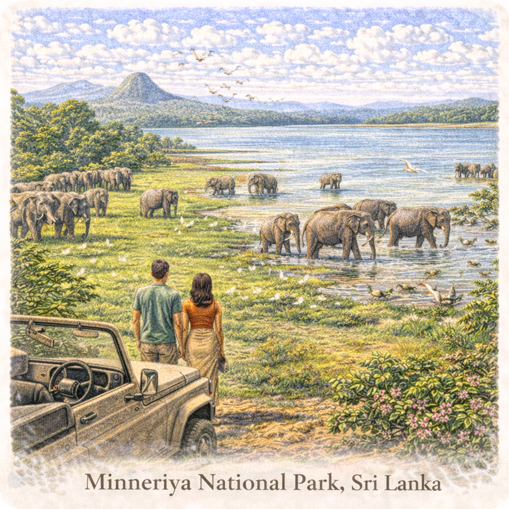 Minneriya National Park Sri Lanka elephants gathering safari wildlife