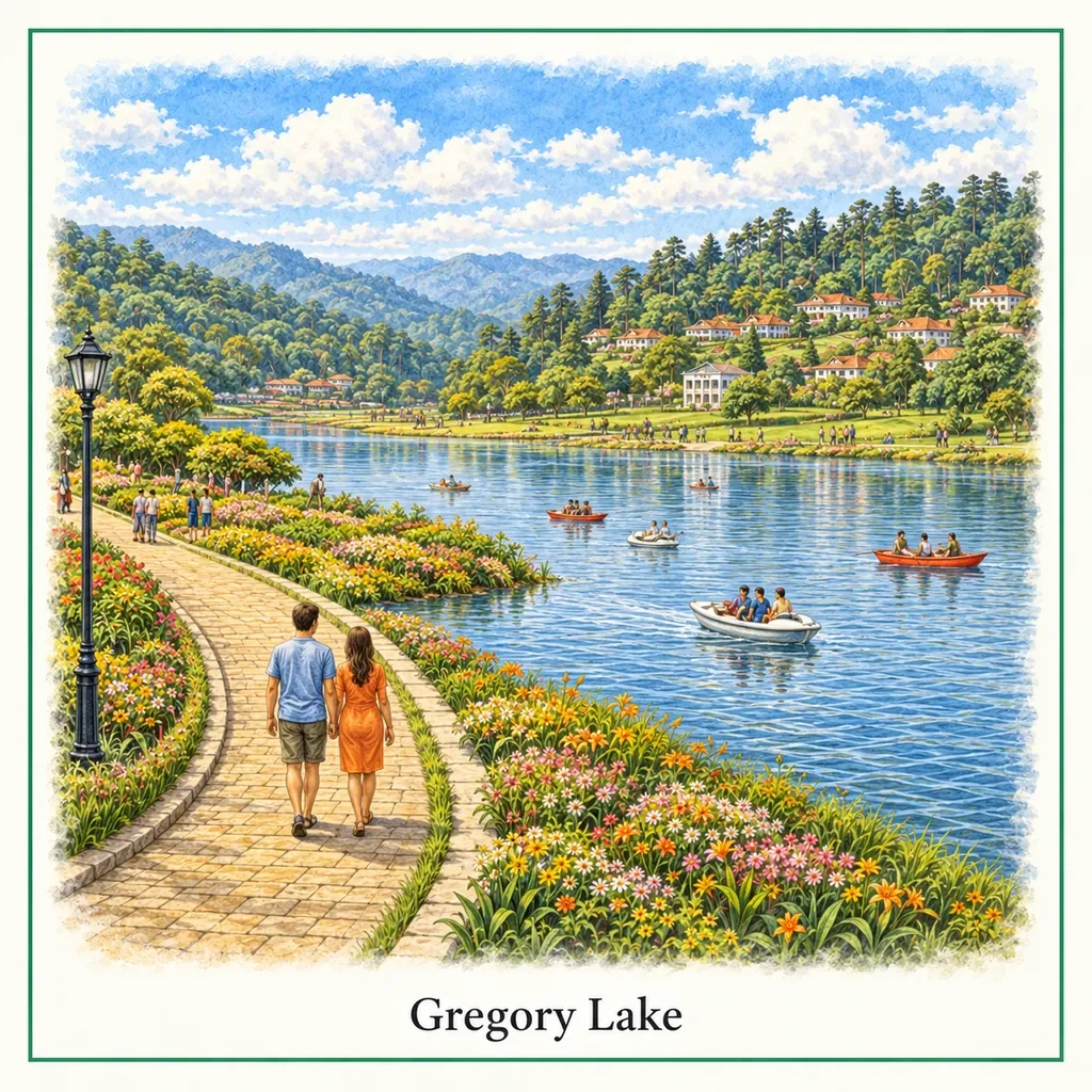Watercolour postcard of Gregory Lake Nuwara Eliya Sri Lanka lake sunset boat ride cool climate highlands