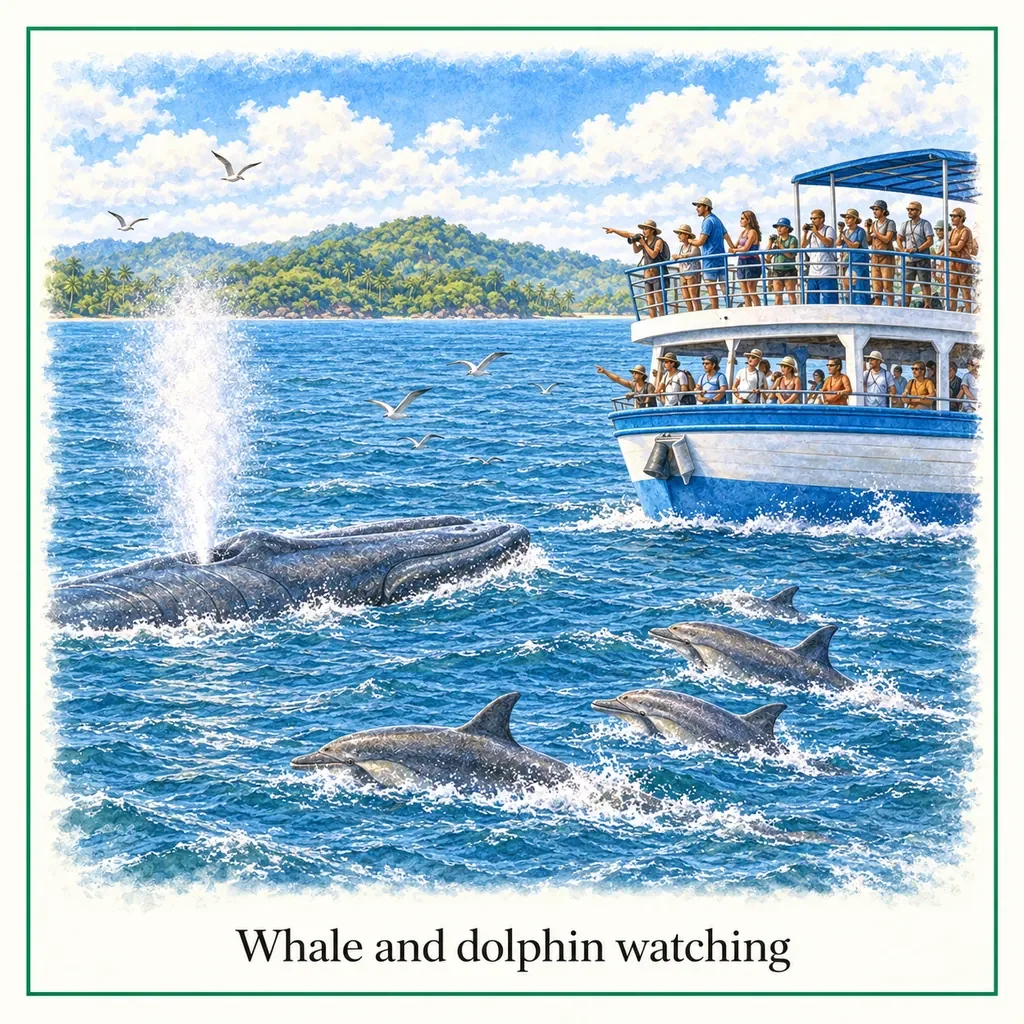 Watercolour postcard of Whale watching Mirissa Sri Lanka blue whales dolphins boat tour ocean safari