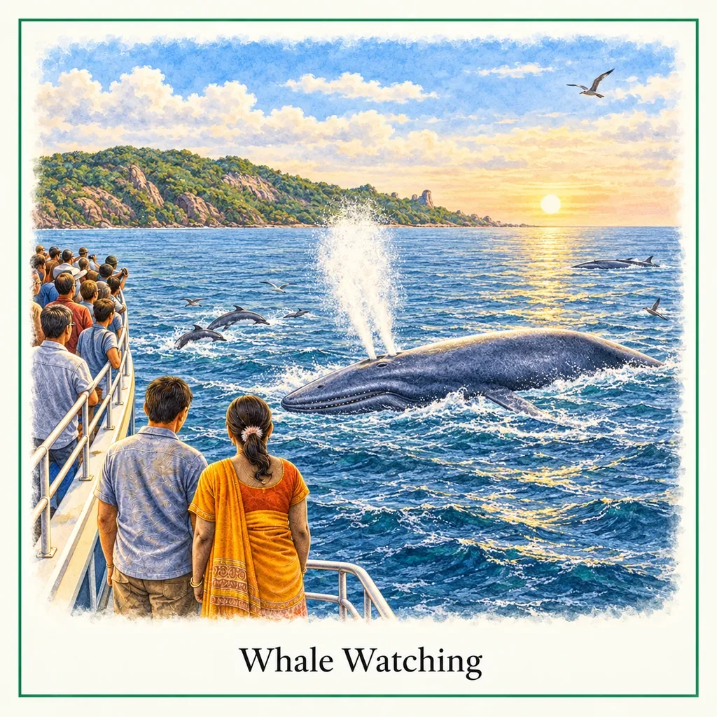 Watercolour postcard of whale watching Trincomalee Sri Lanka blue whale dolphins boat safari ocean