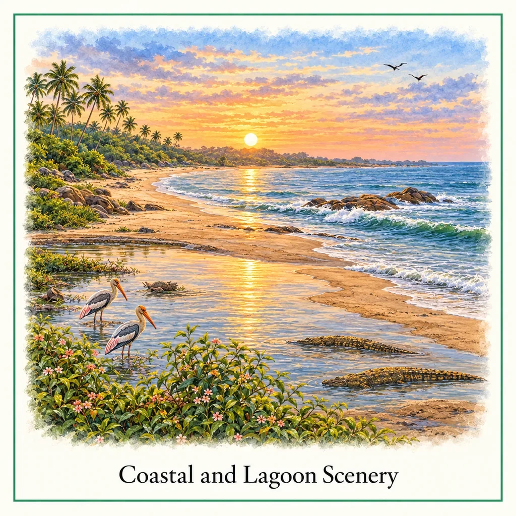 Watercolour postcard of Yala National Park lagoon coast Sri Lanka wildlife birds crocodiles ocean scenery